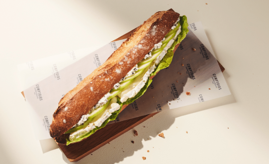 Baguette Création - The "Marguerite": raw milk Brie de Meaux on a bed of green apples, thin layer of truffle cream